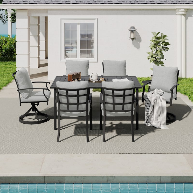 IvyGlow 7-Piece Black Metal Patio Dining Set with Rectangular Table, 2 Swivel Dining Chairs and Gray Cushions