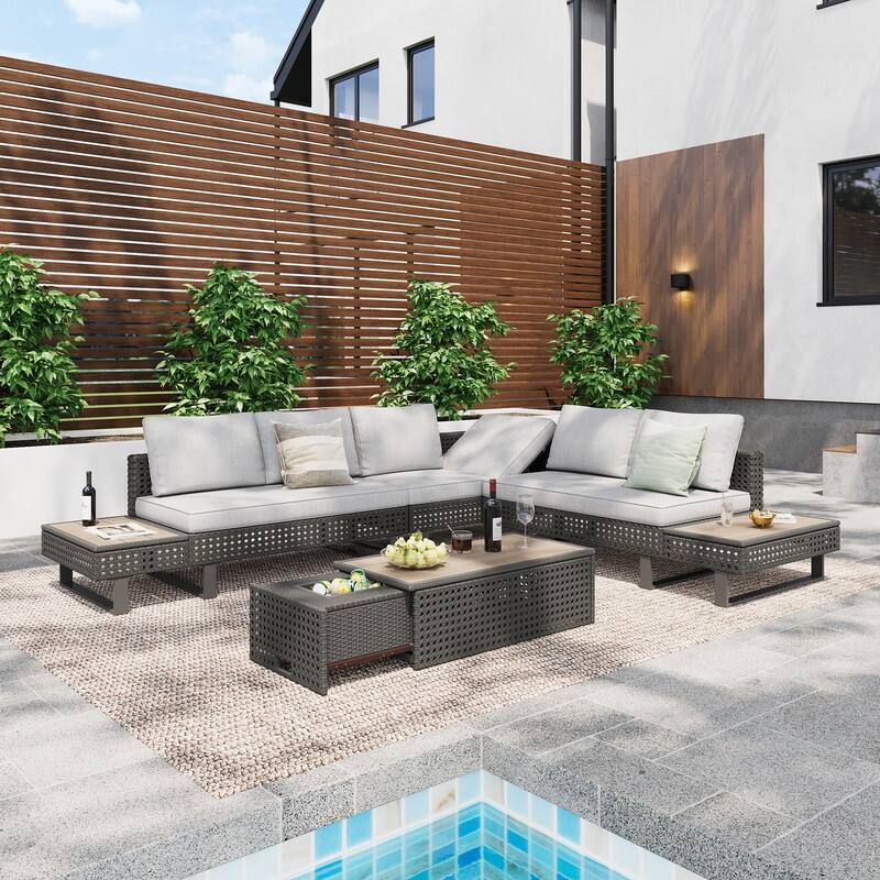 6-Piece Diamond Weave Patio Sectional Furniture Set with Extendable Coffee Table with Ice Bucket - Grey