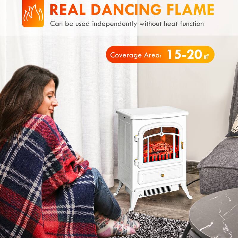 22" Electric Fireplace Stove with Adjustable Heat, Realistic Flames, and Overheat Safety, 750W/1500W, Freestanding, White