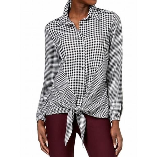 NY Collection Black Women's Small S Gingham Tie Button Up Blouse