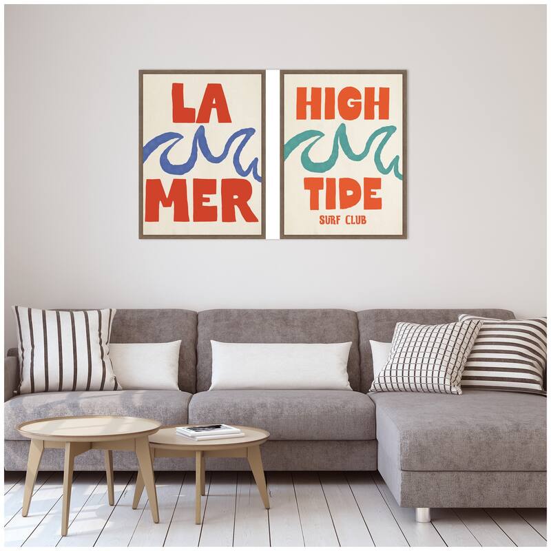Kate and Laurel La Mer & high Tide Surf Club 2 Piece Framed Canvas Wall Art Set by Alicia Bock