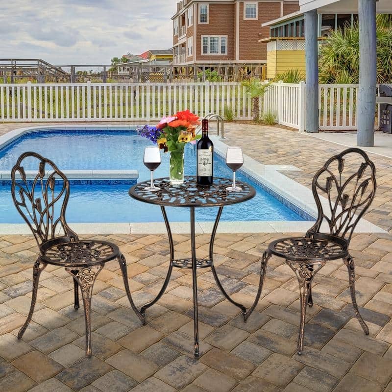 3-Piece Cast Aluminum Patio Bistro Set Outdoor Furniture Tulip Design Antique Copper Finish Rust-Resistant