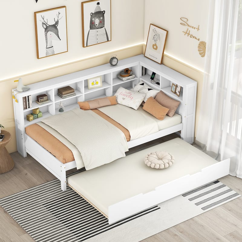 Wood Twin/Full Size DayBed with Twin Trundle, Storage Shelf and USB Charging Ports