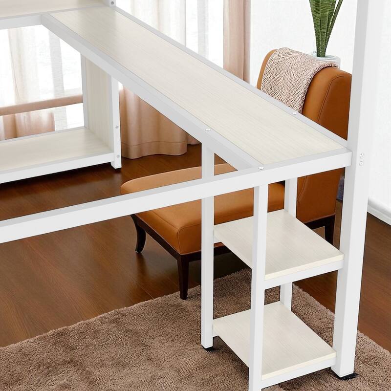 Queen Size Metal Loft Bed with Desk, Wardrobe, and Storage Shelves, Space-Saving Workstation Loft Bed Frame