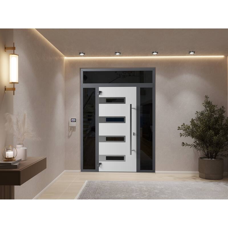 Front Exterior Prehung Steel Door Ronex 0131 Black Enamel Stainless Inserts Entry Metal Painted W36xH80 Left hand Inswing