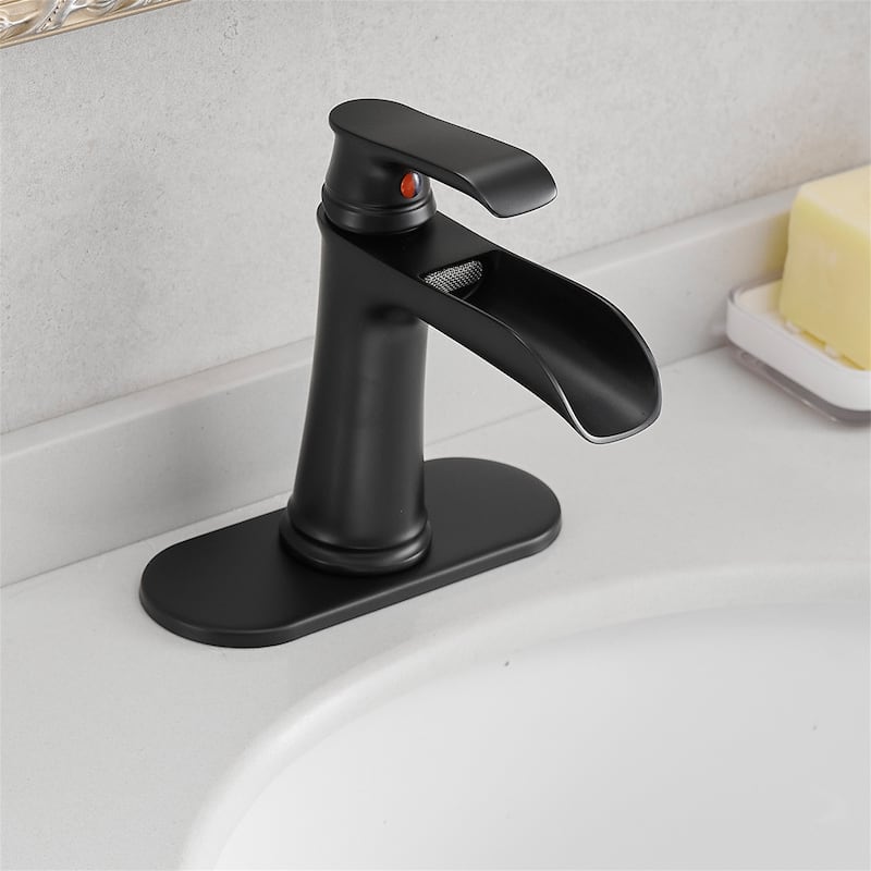 Single Handle Waterfall Bathroom Faucet with Drain Assembly Brass 1 Hole Modern Bathroom Sink Vanity Taps with Deck Plate