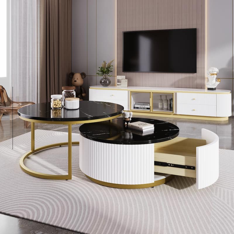 Modern Round Nesting Coffee Set of 2, Stacking Living Room Accent Tables with Gold Metal Frame, Office Wood Center Table