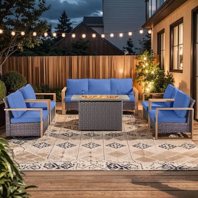 Pocassy 6 Pieces Outdoor Sofa Chair with Fire Pit Table Set