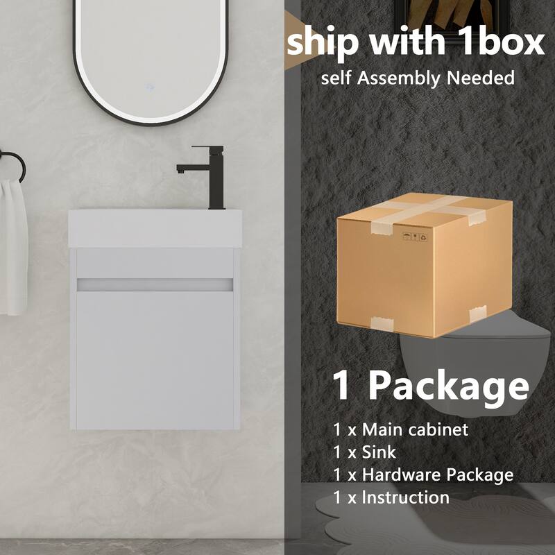GDFStudio - Ellis Modern 18" Floating Wall-Mounted Bathroom Vanity with White Resin Sink