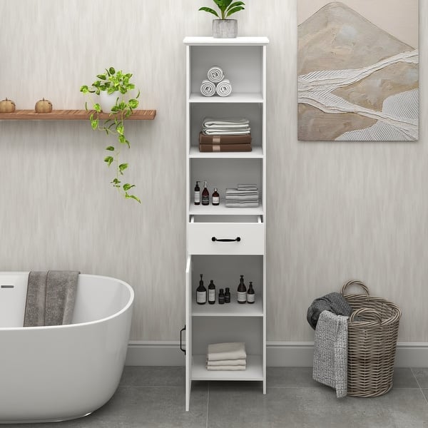 Bathroom Storage with Open Shelf for Livingroom White Narrow