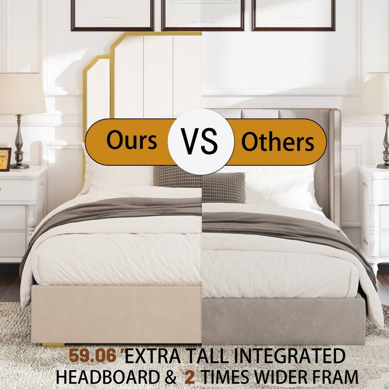 Queen Size Bed Frame with Tall Headboard, Upholstered Platform Bed w/ Golden Plating Trim & Slats Support, No Box Spring Needed