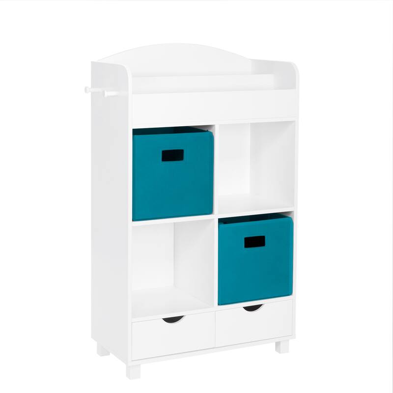RiverRidge Kids Book Nook Cubby Toy Storage Cabinet with Bookshelf, Drawers, and Hooks - white with turquoise bins
