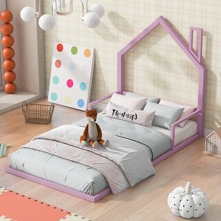 Pink Twin Size Metal Floor Bed with House-shaped Headboard and Fence for Boys and Girls