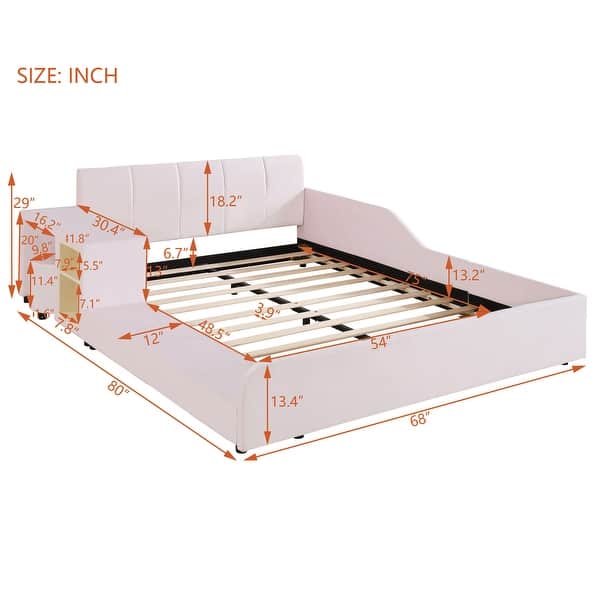 dimension image slide 2 of 3, Full Size Velvet Upholstered Platform Bed w/ Bedside Desk & Stool, Mother & Child Platform Bed Frame w/ Footboard & Guardrail