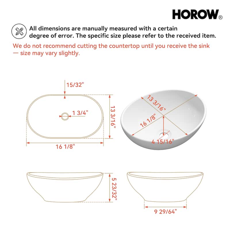 HOROW 16 in. White Oval Bathroom Ceramic Vessel Sink Art Basin Not Included Faucet
