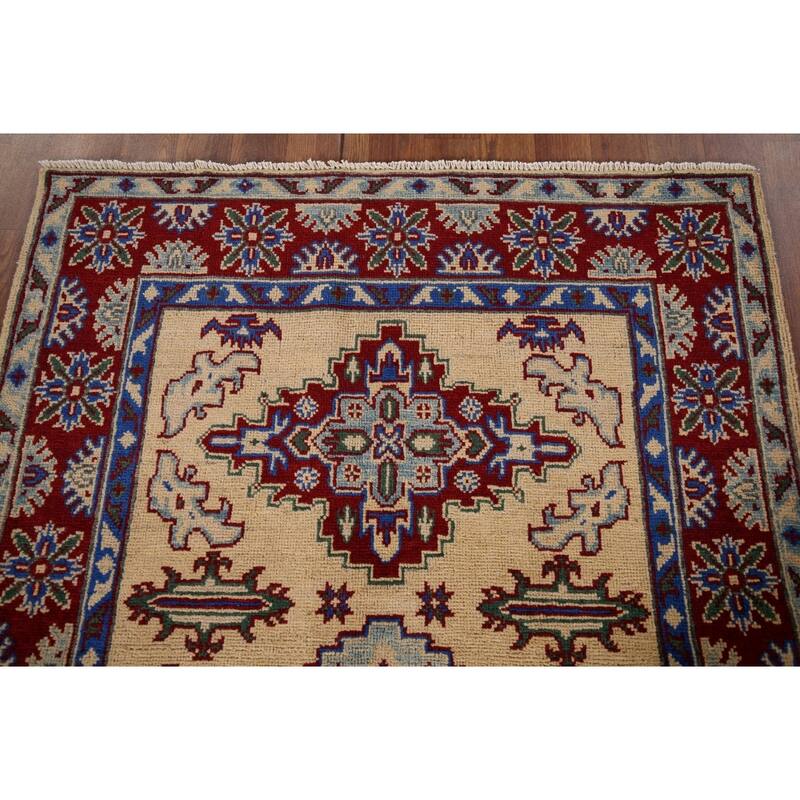 Geometric Kazak Accent Rug Handmade Yellow Wool Carpet - 3'6" x 5'1"