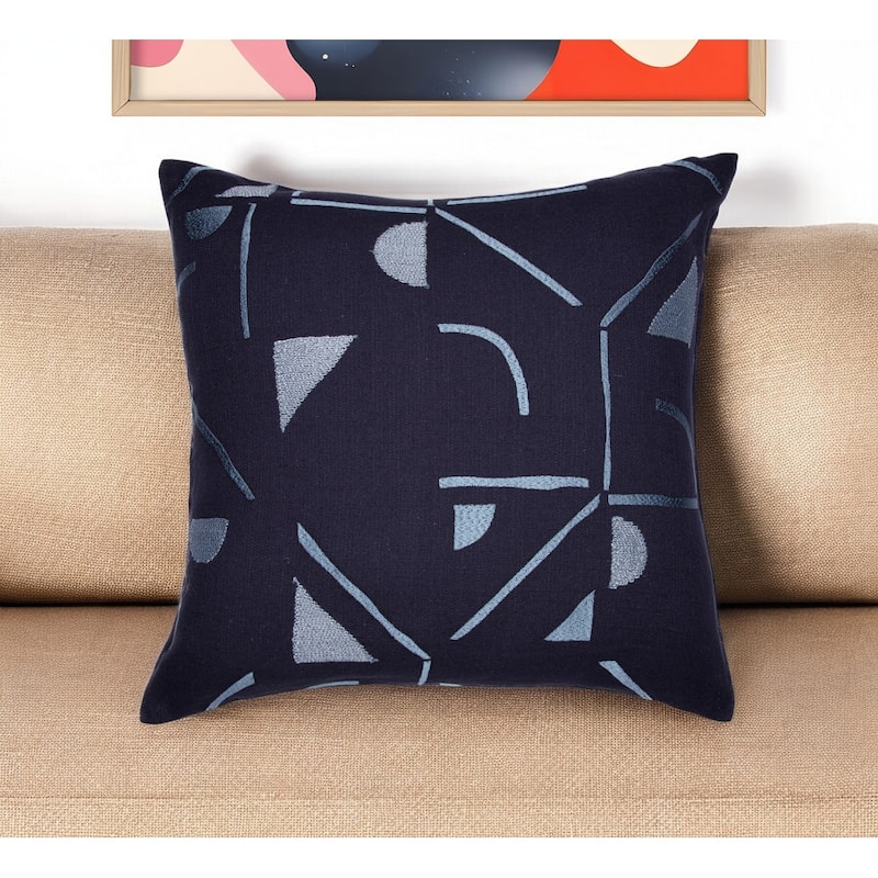 HomeRoots 24" Blue Geometric Cotton Blend Throw Pillow With Embroidery - Accent - Polyester
