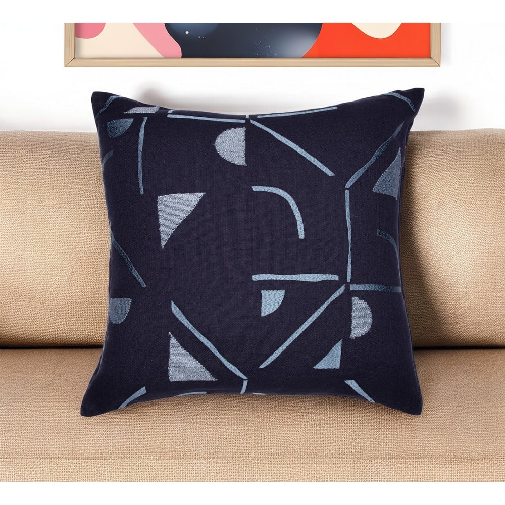 HomeRoots 24" Blue Geometric Cotton Blend Throw Pillow With Embroidery