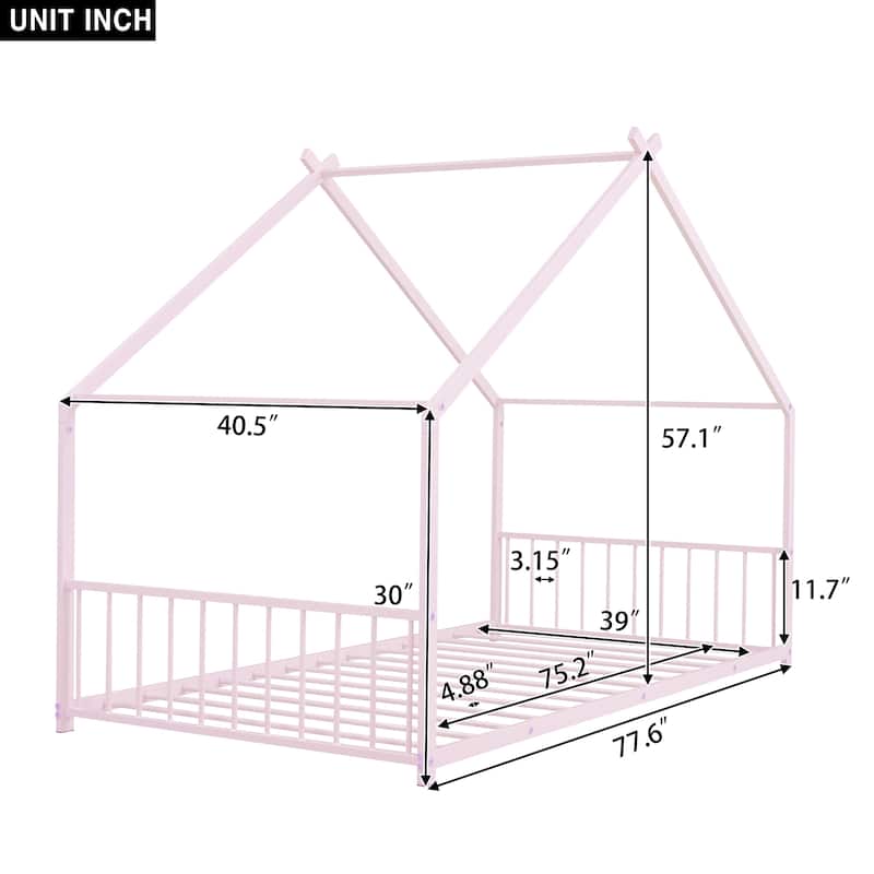 Pink Twin Size Metal House Bed with Fence & Back