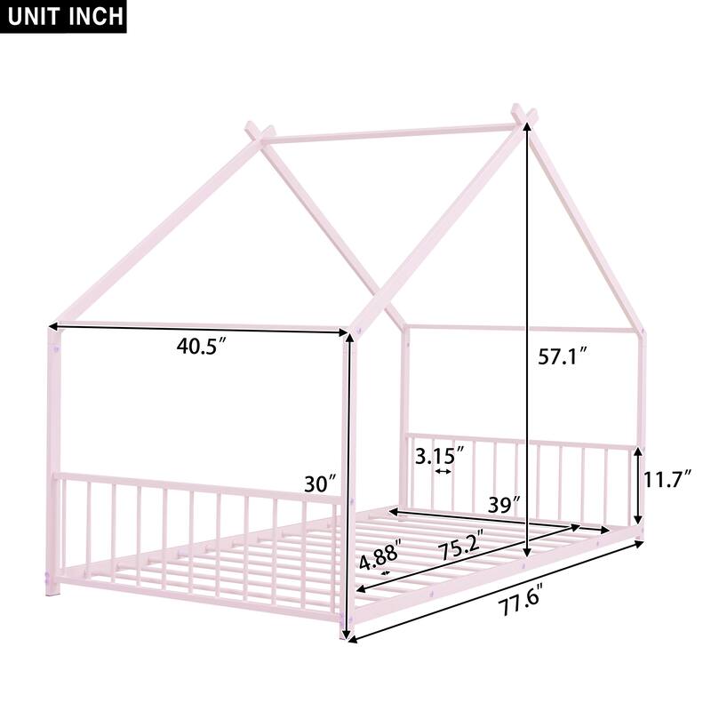 Twin Size Metal House Bed with Roof for Kids, Sturdy Frame, No Box Spring Needed