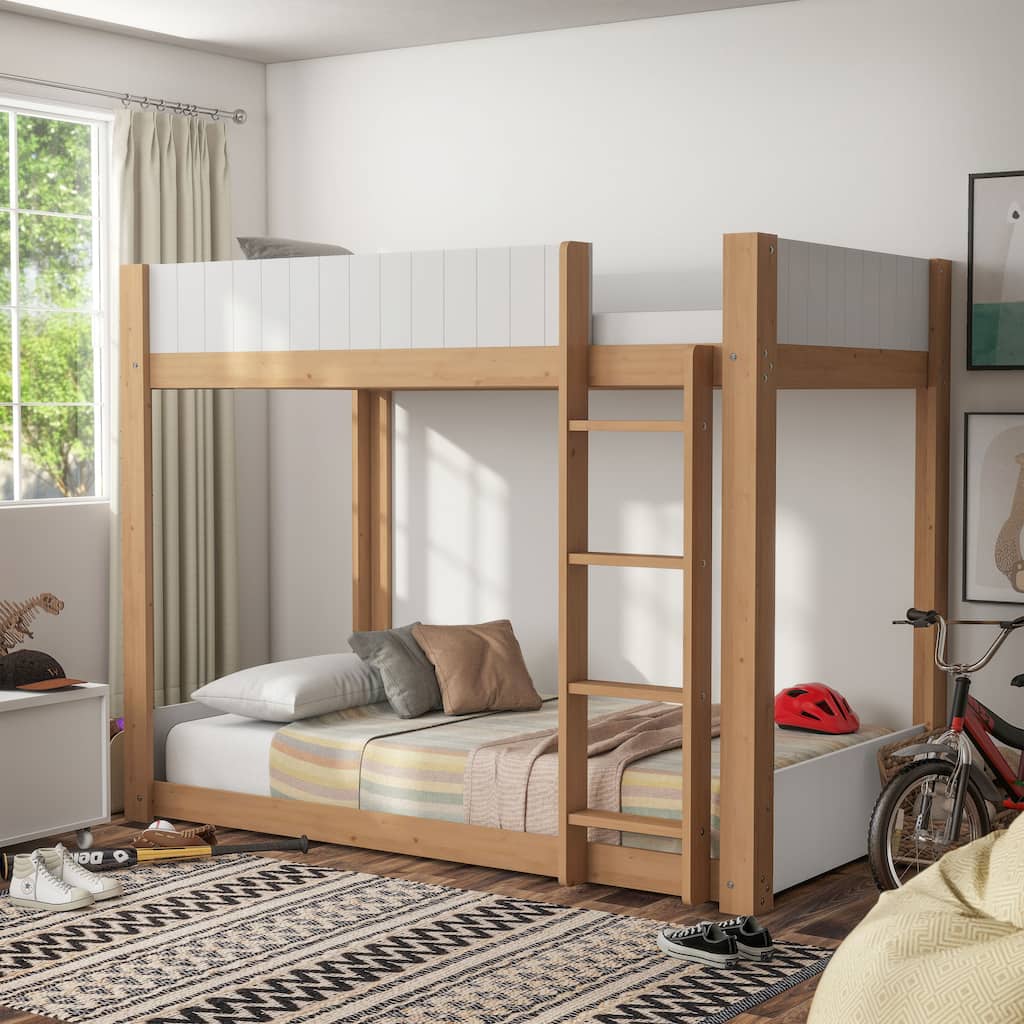 Furniture of America Oryas White and Natural Solid Wood Twin over Twin Low Profile Bunk Bed