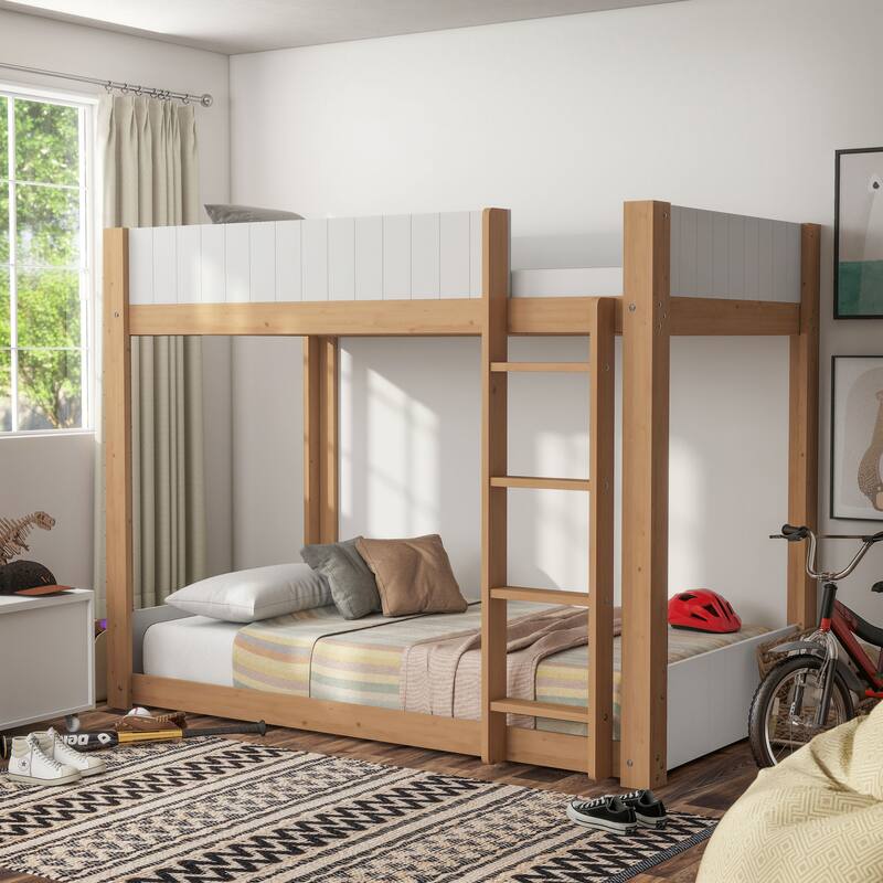 Furniture of America Oryas White and Natural Solid Wood Twin over Twin Low Profile Bunk Bed - White and Natural