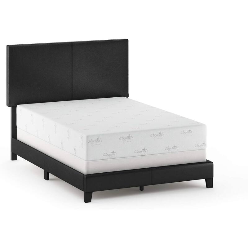 King Bed Frame Upholstered Black PU Leather Platform Bed Modern Glam Style