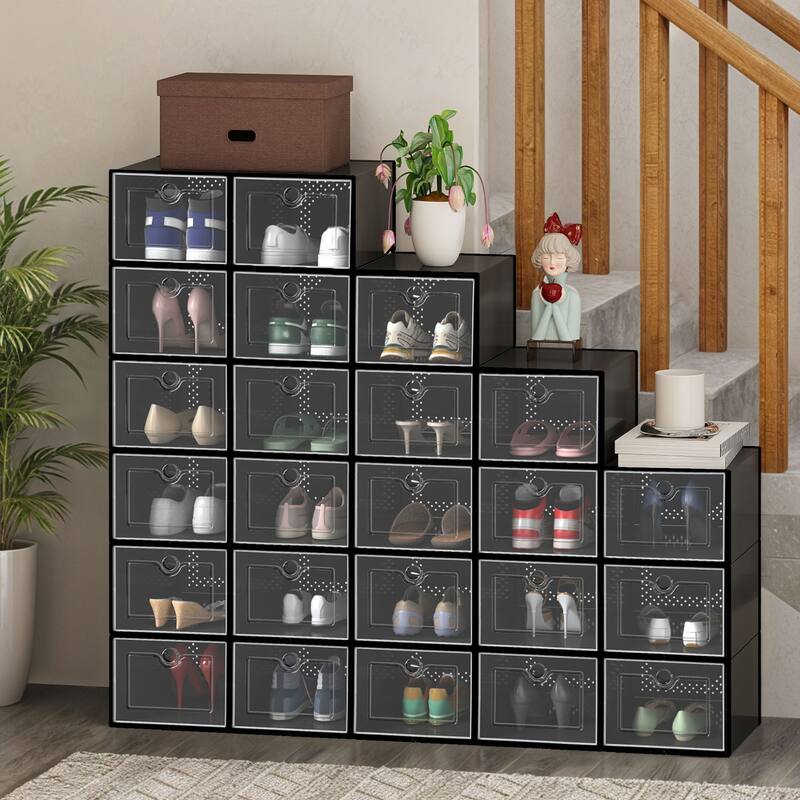 Shoe Storage Boxes 24Pcs Stackable Plastic Sneaker Organizer Transparent Case