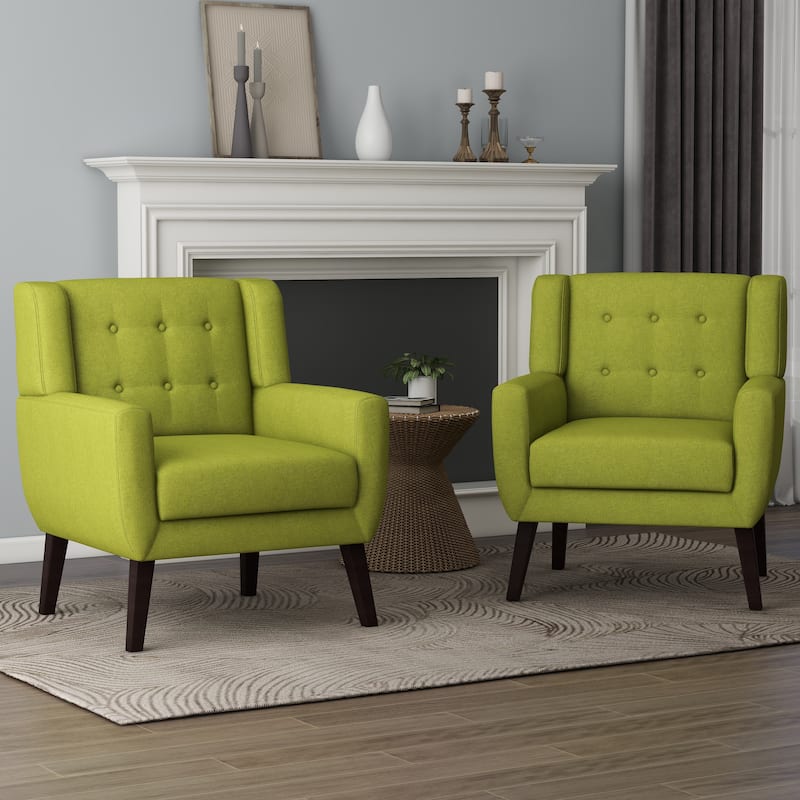 Modern Upholstered Faux Leather Tufted Armchair Linen Accent Chairs - Set of 2 Chairs - Green/Linen