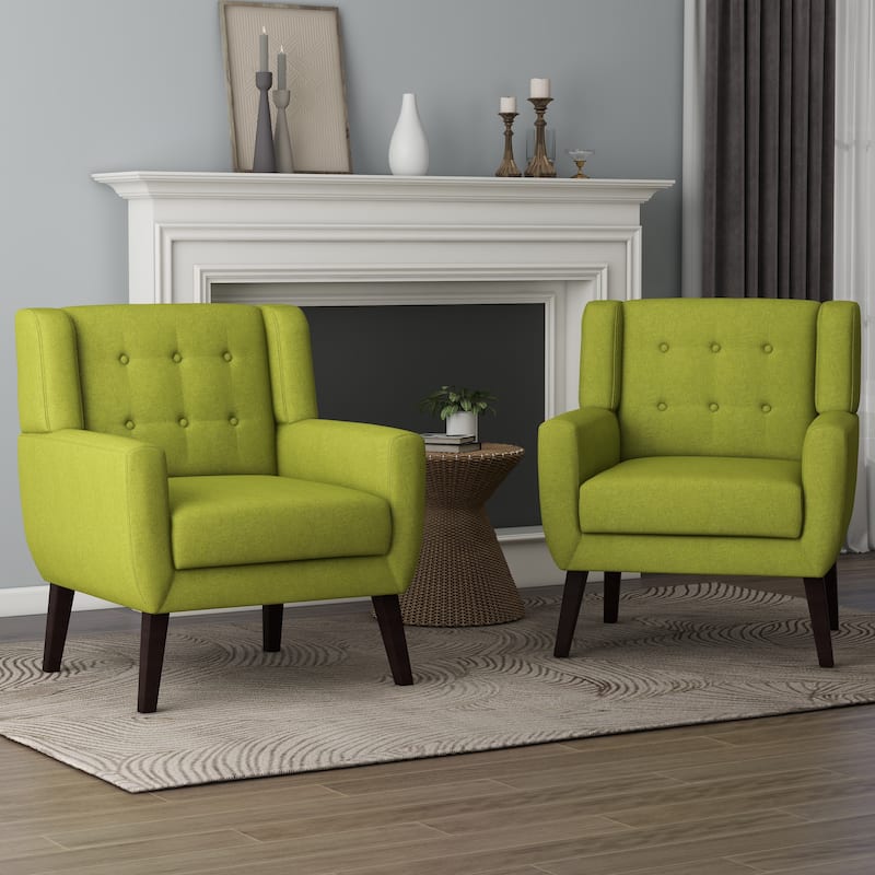 Modern Cotton Linen Upholstered Armchair Tufted Accent Chair - Green 2Set