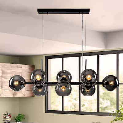 8-Light Modern Linear Sputnik Pendant Island Light Black Smoked Glass Globe Bubble Chandelier for Dining Room