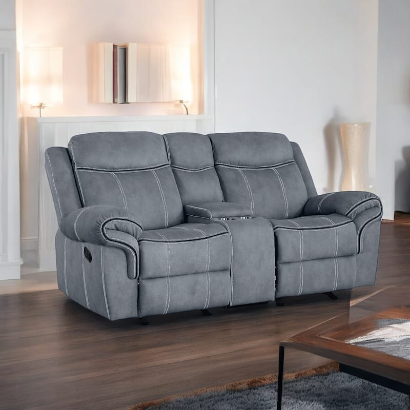 Two Tone Gray Velvet Recliner Loveseat W/Usb Port & Console