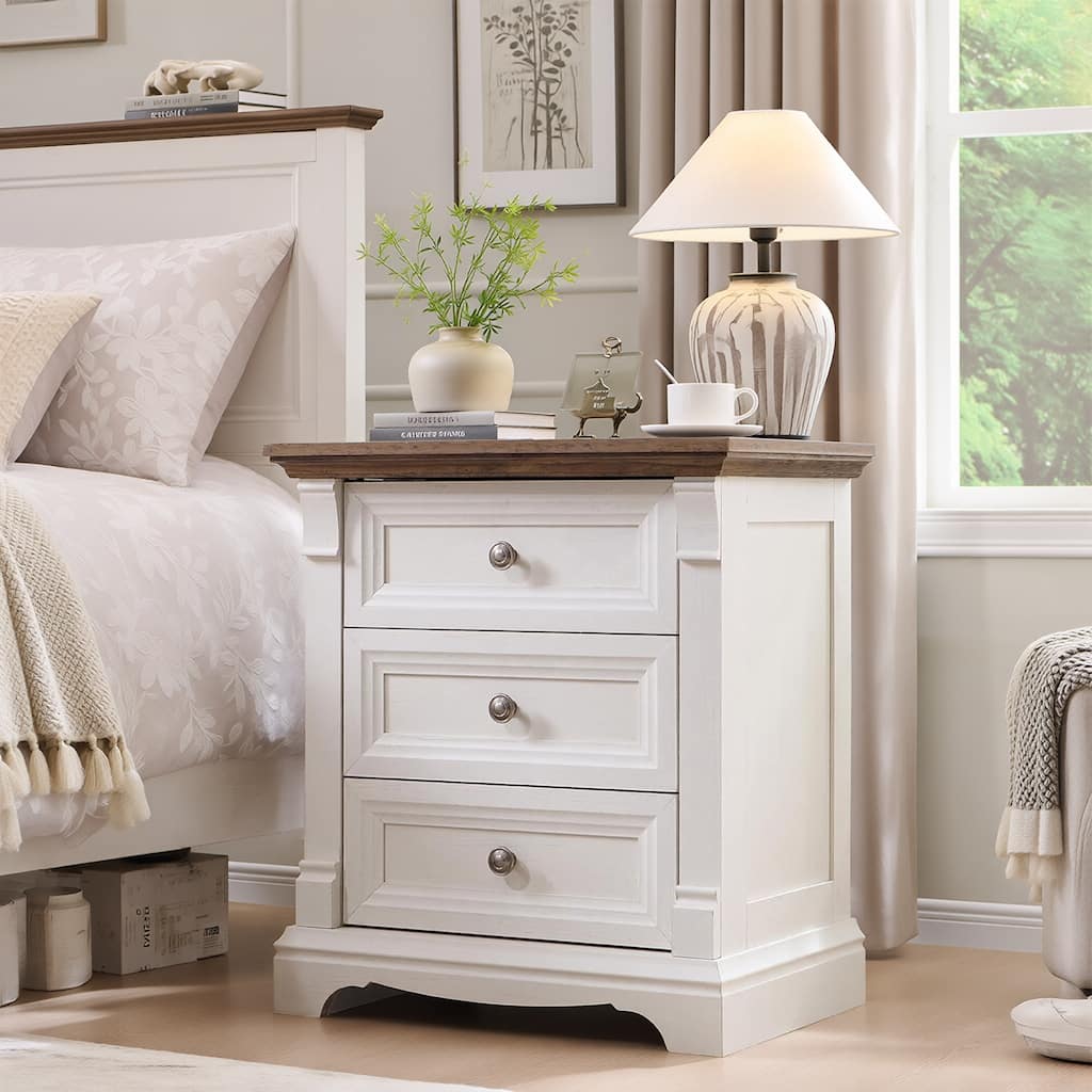 Farmhouse 3 Drawers Nightstand with Charging Station, Rustic End Table
