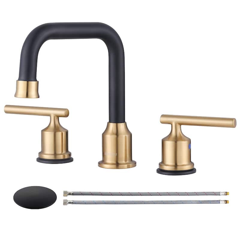 WOWOW Double Handle 8 in. Widespread Bathroom Sink Faucet - 1 Pack - Gold and Black