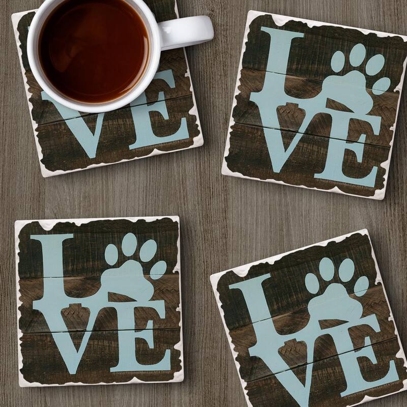 Love Pets 4 Pack Absorbent Stone Coasters with Protective Cork Backing 4" Square Made in The USA Artistic Easily Wipes Clean