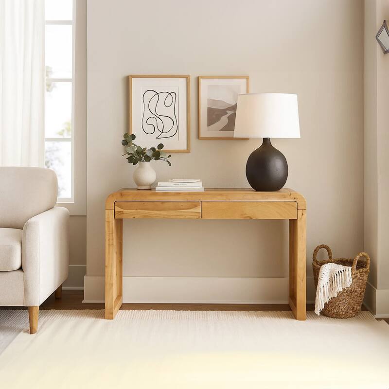 Arlow Console Table 43" Wide Top Handcrafted Natural Brown Acacia Wood Dual Drawer Storage