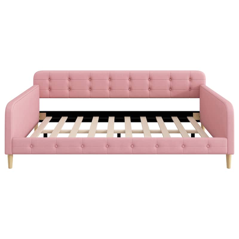 Queen Size Linen Upholstered Daybed with 4 Support Legs and Button-Tufted Design