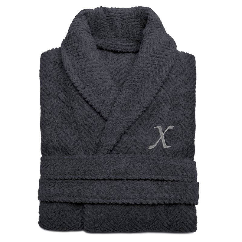Authentic Hotel and Spa Charcoal Grey Monogrammed Herringbone Turkish Cotton Bath Robe - L/XL - X