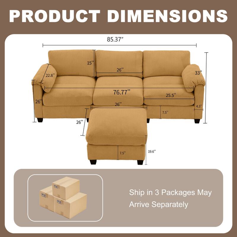 Multi-Seater Corduroy Sectional Sofa, Modular Settee, Included Removable Ottomans