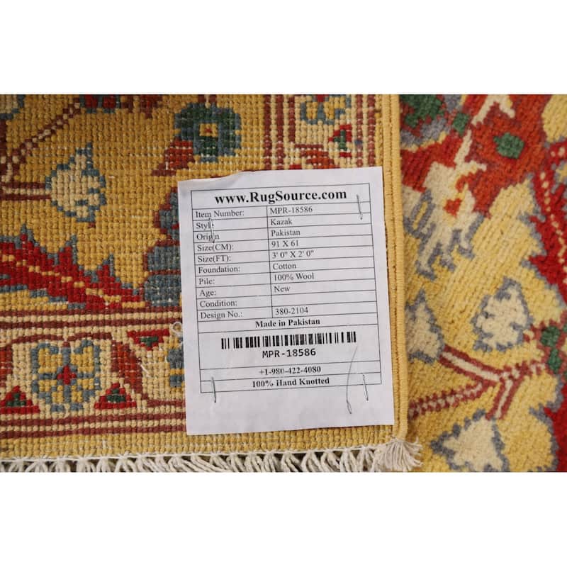 Yellow Kazak Oriental Foyer Rug Hand-Knotted Floral Wool Carpet - 2'0" x 3'0"