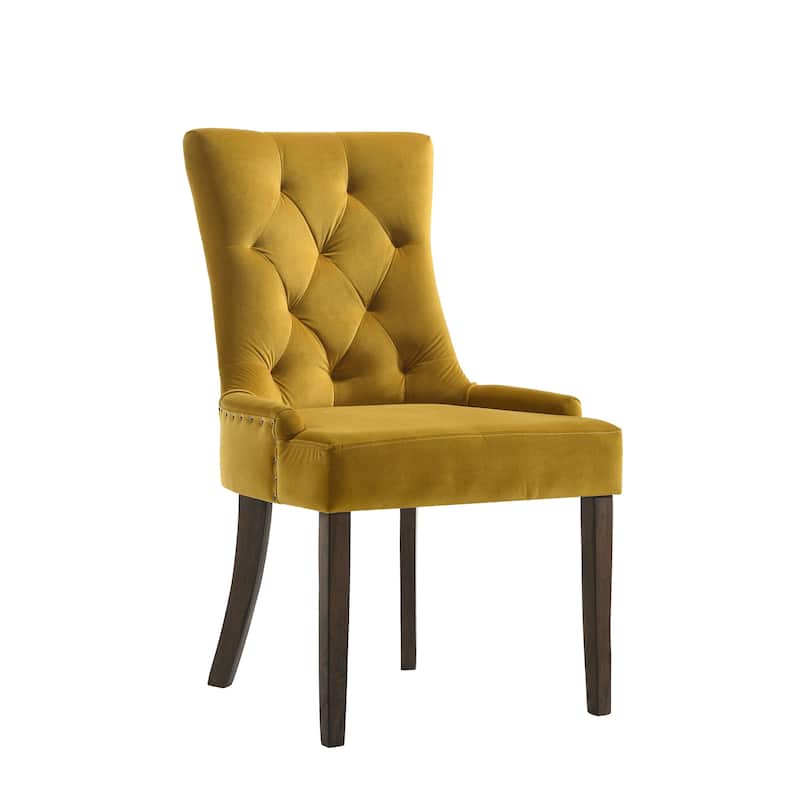 HomeRoots Set of Two Tufted Yellow and Espresso Upholstered Velvet And Solid Wood Dining Side Chairs