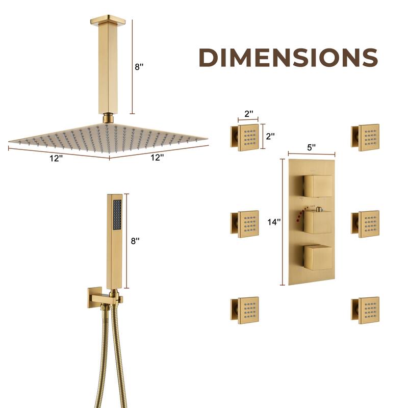 Thermostatic 3-Spray 12 in. Ceiling Mount Shower System with Handheld Shower Head and 6 Body Jets - 12" x 12"