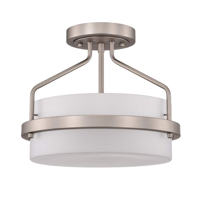 Stefani Matte Satin Nickel 2-Light Frosted Glass Drum Shade Semi-Flush Mount