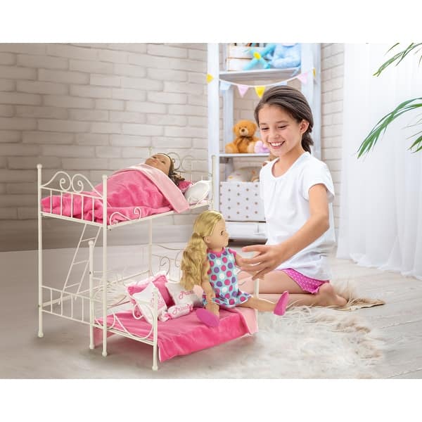 slide 2 of 7, Badger Basket Scrollwork Metal Doll Loft Bed with Daybed and Bedding - White/Pink