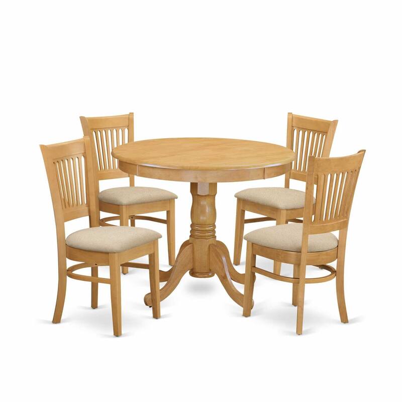 HomeStock 5-Pc Round Natural Oak Finish Solid Wood Top Dining table with 4 Chairs