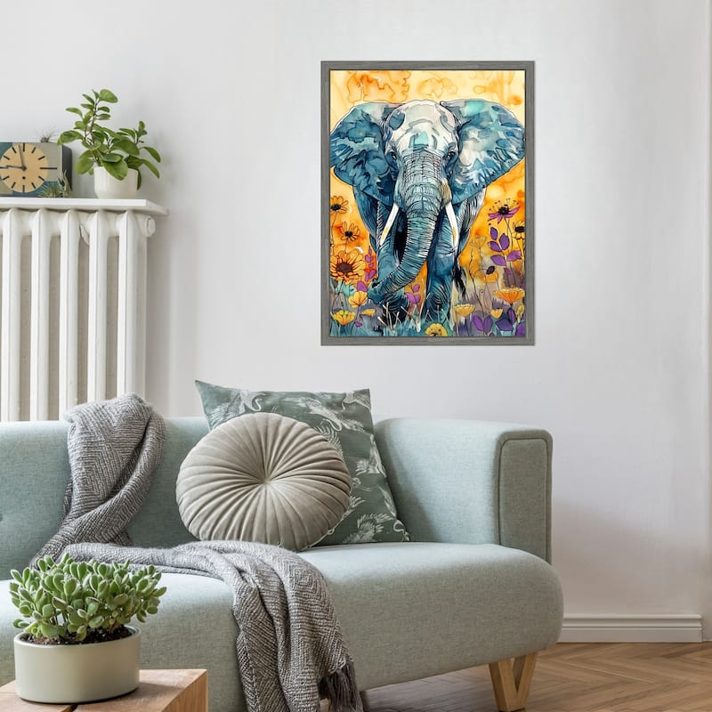Elephant in Flowers by Justyna Jaszke Framed Canvas Wall Art