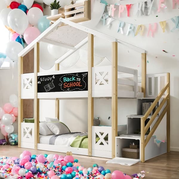 slide 2 of 11, Twin over Twin House Bunk Bed with White Storage Staircase and Blackboards,Sturdy construction White