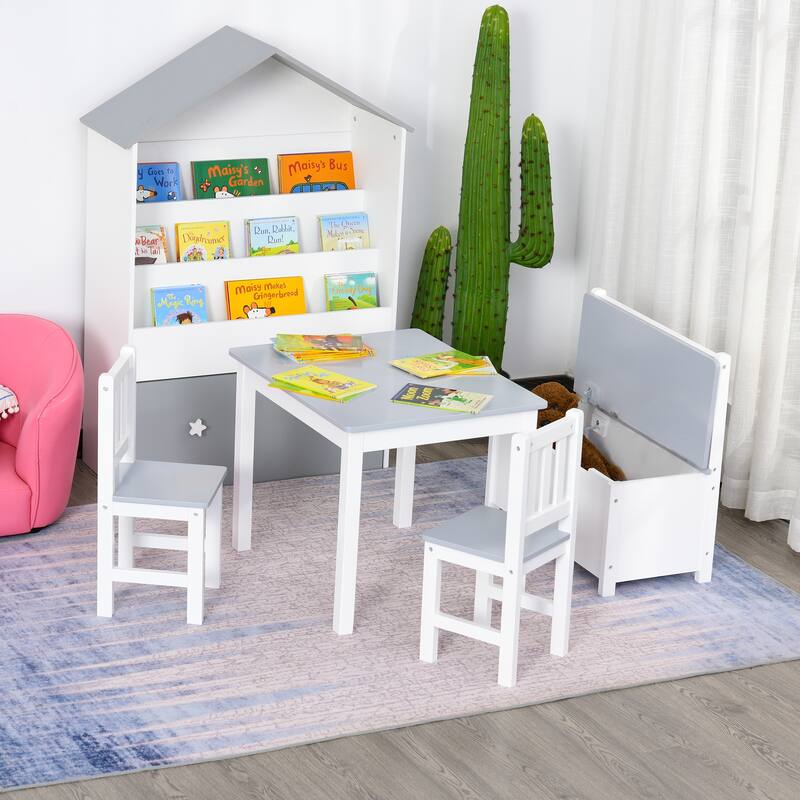 Qaba 4-Piece Childrens Table Set with Kids Storage Bench