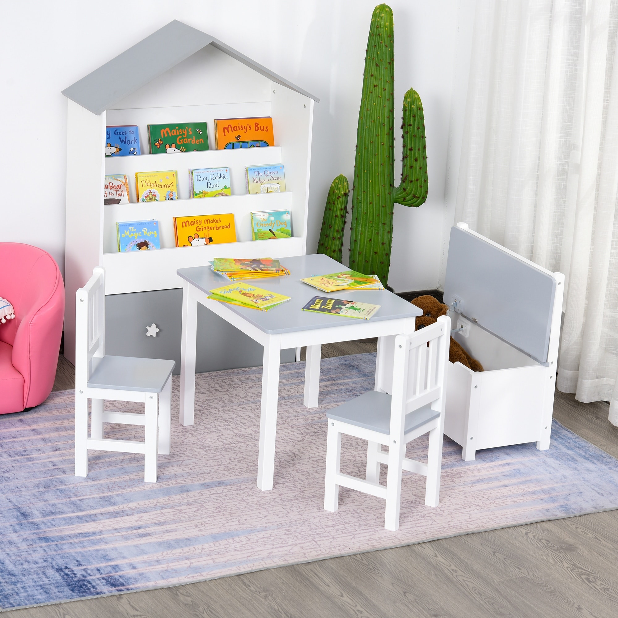 Qaba 4 Piece Childrens Table Set with Kids Storage Bench On Sale