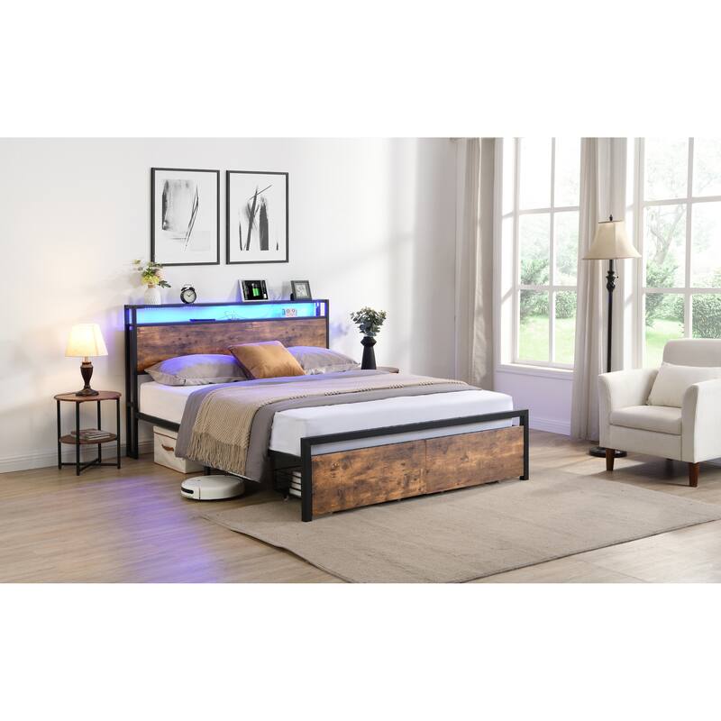 Metal Bed Frame with RGB LED Headboard, USB Charging Ports, Storage Drawers, and No-Noise Design, Full/Queen Size